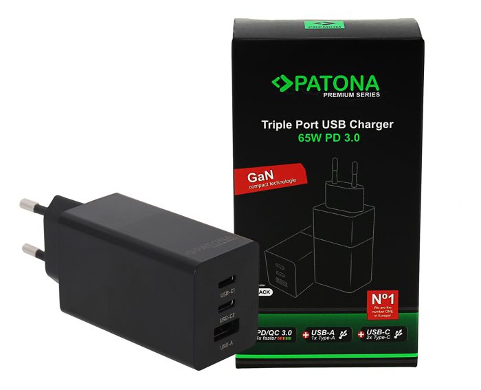 Сетевое зарядное устройство Patona Premium GaN PD65W 2xUSB-C 1xUSB-A