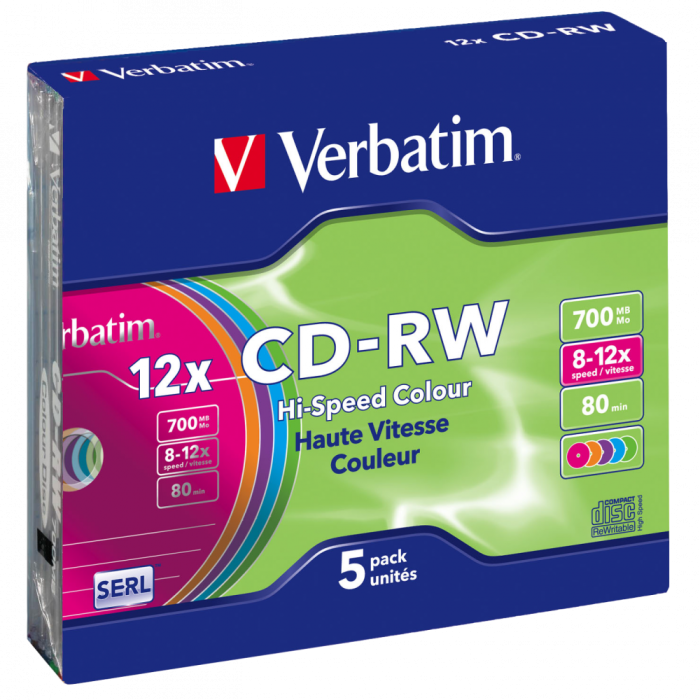 Оптический диск Verbatim CD-RW 700MB 12X Colour, Slim Case, 5 шт