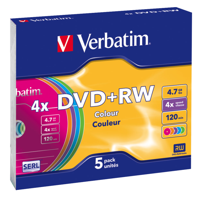 Оптический диск Verbatim DVD+RW 4.7GB 4X SERL Colour, Slim Case, 5 шт