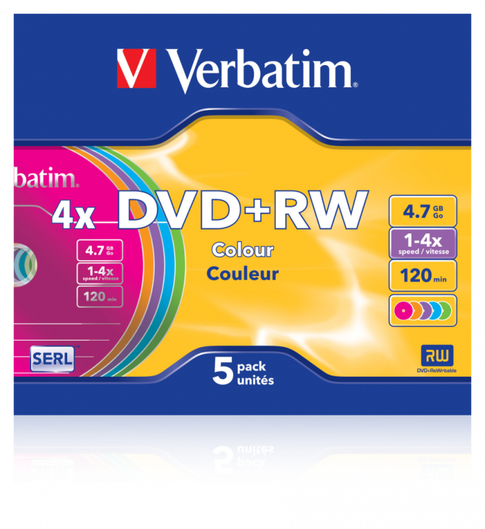 Оптический диск Verbatim DVD+RW 4.7GB 4X SERL Colour, Slim Case, 5 шт