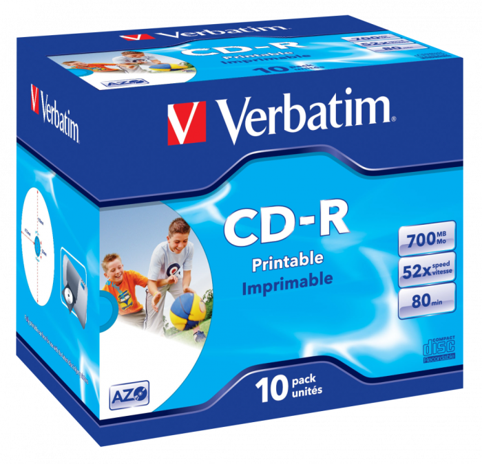 Оптический диск Verbatim CD-R 700MB 52X AZO Wide Inkjet Printable, Slim Case, 10 шт