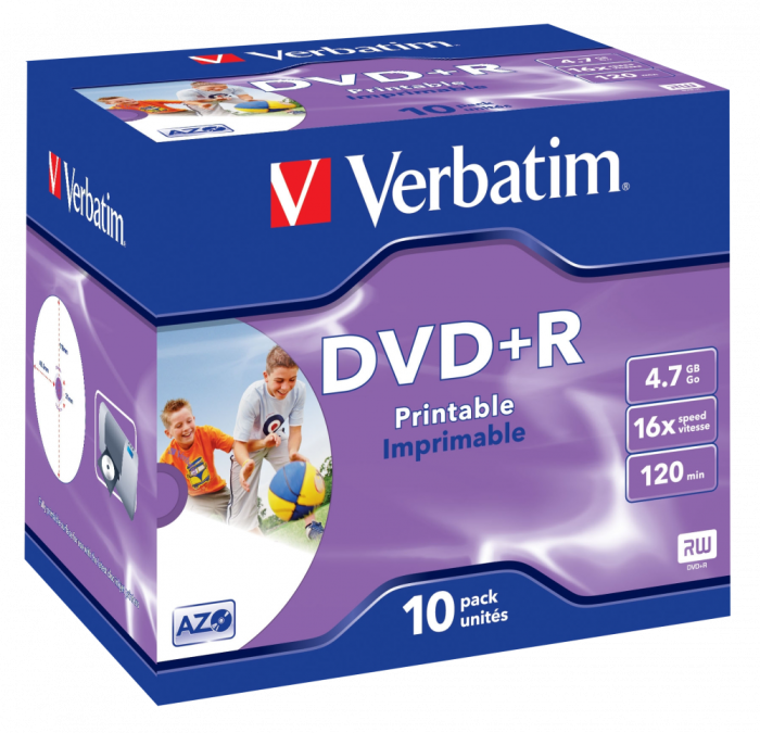 Оптический диск Verbatim DVD+R 4.7GB 16X AZO Wide Inkjet Printable ID Brand, Slim Case, 10 шт