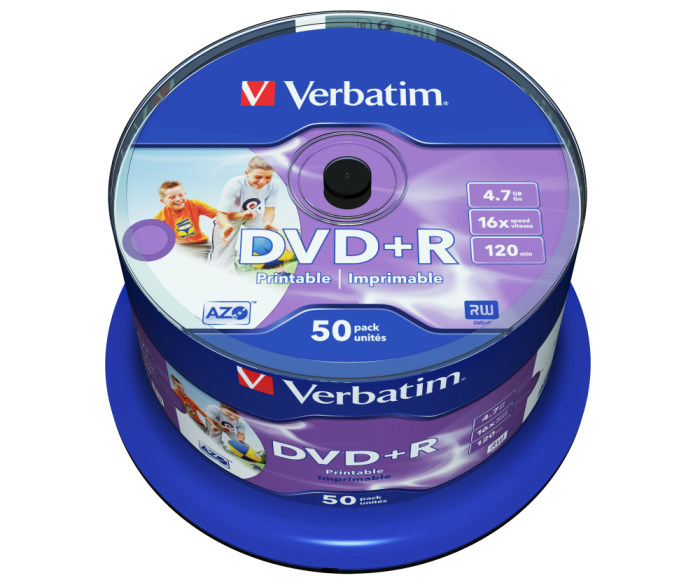 Оптический диск Verbatim DVD+R 4.7GB 16X AZO Wide Inkjet Printable No ID Brand, Spindle, 50 шт