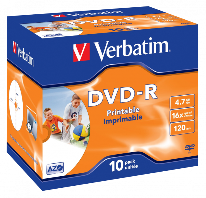 Оптический диск Verbatim DVD-R 4.7GB 16X AZO Wide Inkjet Printable ID Brand, Slim Case, 10 шт