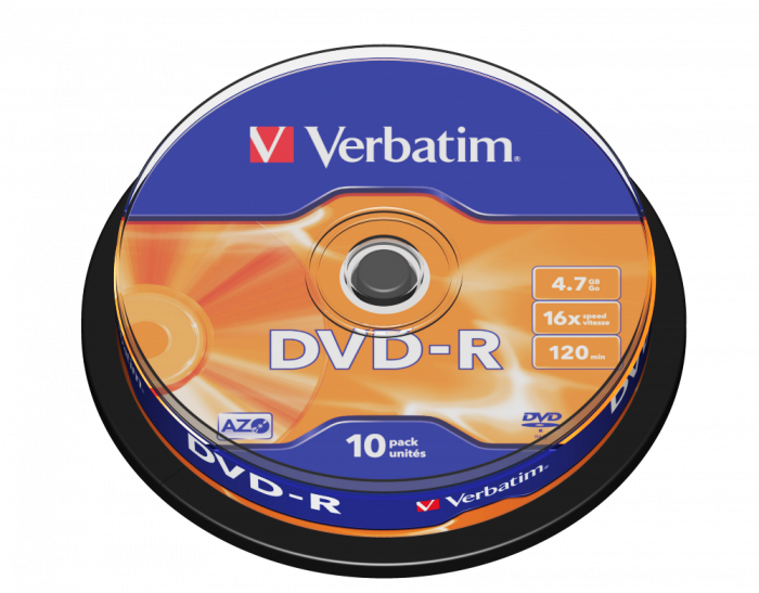 Оптический диск Verbatim DVD-R 4.7GB 16X AZO Matt Silver, Spindle, 10 шт