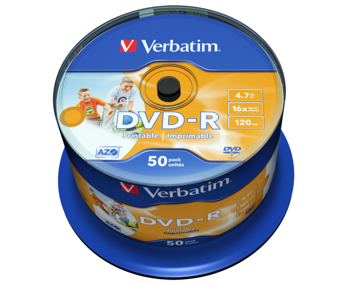 Оптический диск Verbatim DVD-R 4.7GB 16X AZO Wide Inkjet Printable No ID Brand, Spindle, 50 шт