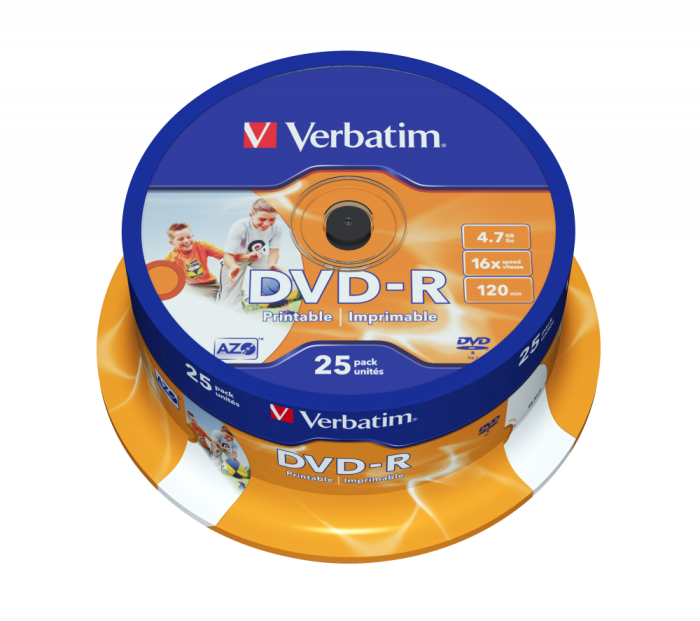 Оптический диск Verbatim DVD-R 4.7GB 16X AZO Wide Inkjet Printable ID Brand, Spindle, 25 шт