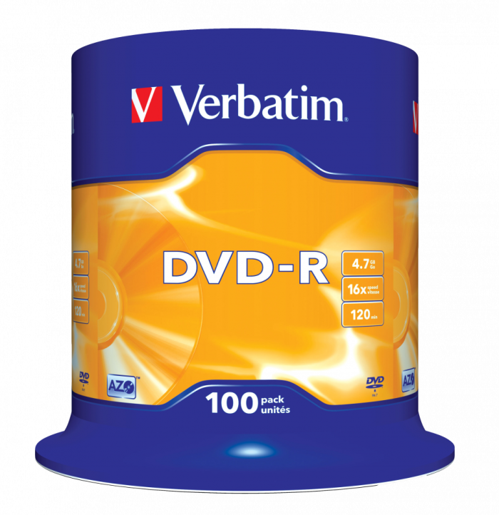 Оптический диск Verbatim DVD-R 4.7GB 16X AZO Matt Silver, Spindle, 100 шт