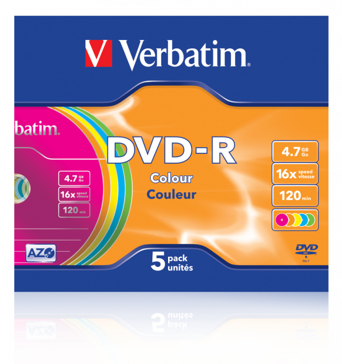 Оптический диск Verbatim DVD-R 4.7GB 16X AZO Color, Slim Case, 5 шт