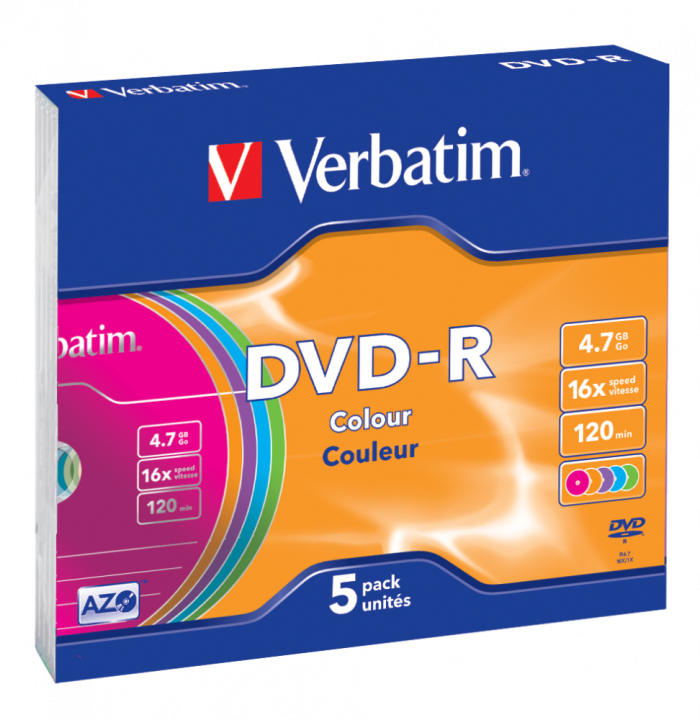 Оптический диск Verbatim DVD-R 4.7GB 16X AZO Color, Slim Case, 5 шт