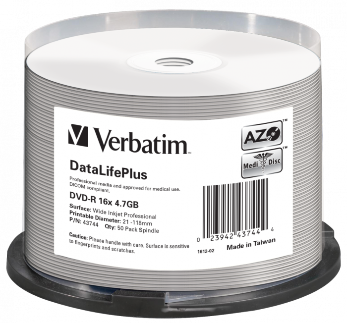 Оптический диск Verbatim DVD-R 4.7GB 16X AZO DataLifePlus Wide Inkjet Printable, Spindle, 50 шт
