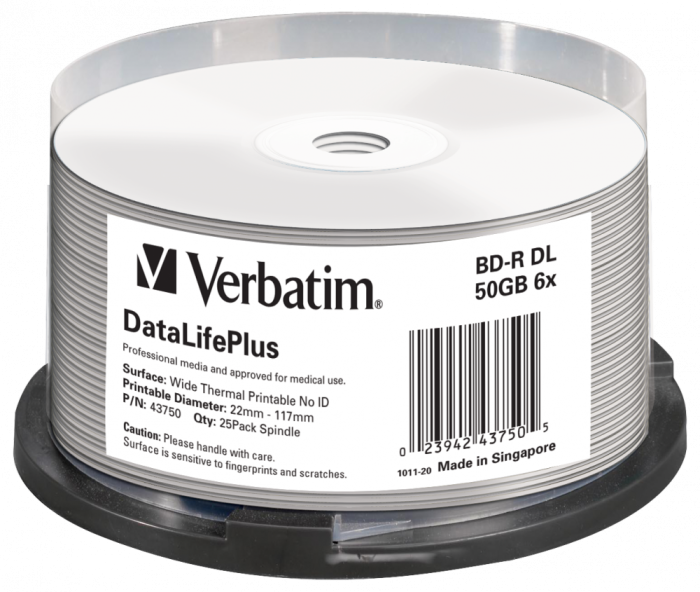 Оптический диск Verbatim BD-R DL 50GB 6X DataLifePlus Thermal Printable, Spindle, 25 шт