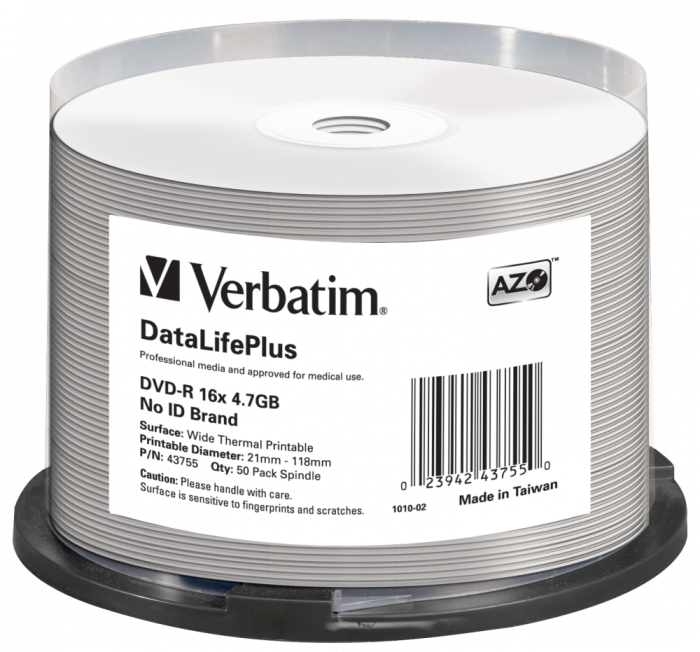 Оптический диск Verbatim DVD-R 4.7GB 16X AZO DataLifePlus Wide Thermal Printable, Spindle, 50 шт
