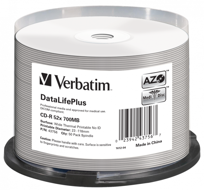 Оптический диск Verbatim CD-R 700MB 52X AZO DataLifePlus Wide Thermal Printable, Spindle, 50 шт