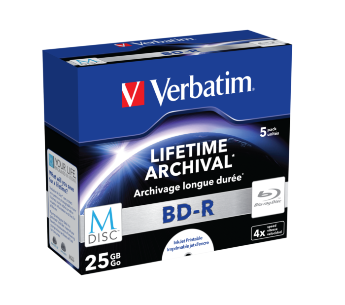 Оптический диск Verbatim BD-R 25GB 4X MDISC Lifetime archival Inkjet Printable, Slim Case, 5 шт