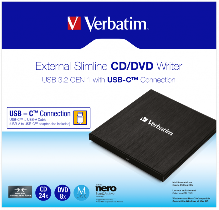 Привод внешний Verbatim Slimeline CD/DVD Writer USB-C 3.2 Gen 1