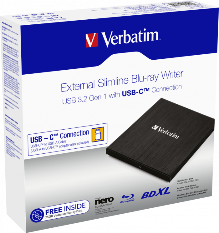 Привод внешний Verbatim External Slimline Blue-ray Writer USB-С 3.2 Gen 1