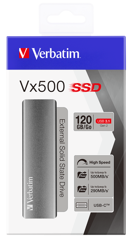 Внешний накопитель Verbatim VX500 External SSD USB 3.1 Gen2 120GB, R/W 500/290 МБ/с