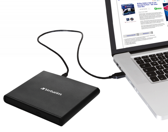 Привод внешний Verbatim Slimeline CD/DVD Writer USB 2.0 с адаптером на Type-C