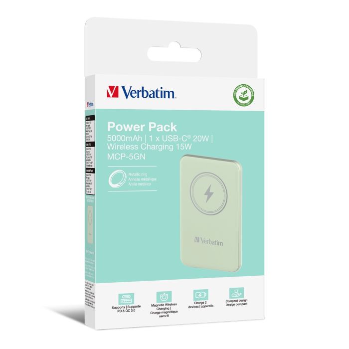 Портативный аккумулятор Verbatim Charge‘n’Go Power Bank 5000 мАч с беспроводной зарядкой, зелёный