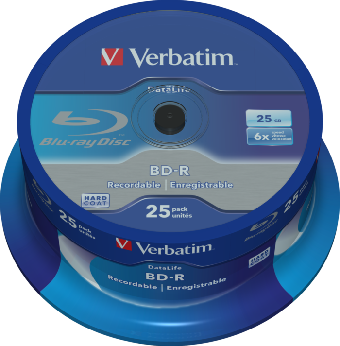 Оптический диск Verbatim BD-R SL 25GB 6X Datalife White Blue HardCoat, Spindle, 25 шт