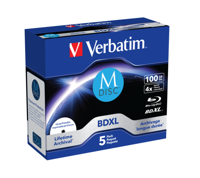 Оптический диск Verbatim BDXL 100GB 4X MDISC Lifetime archival Inkjet Printable, Jewel Case, 5 шт