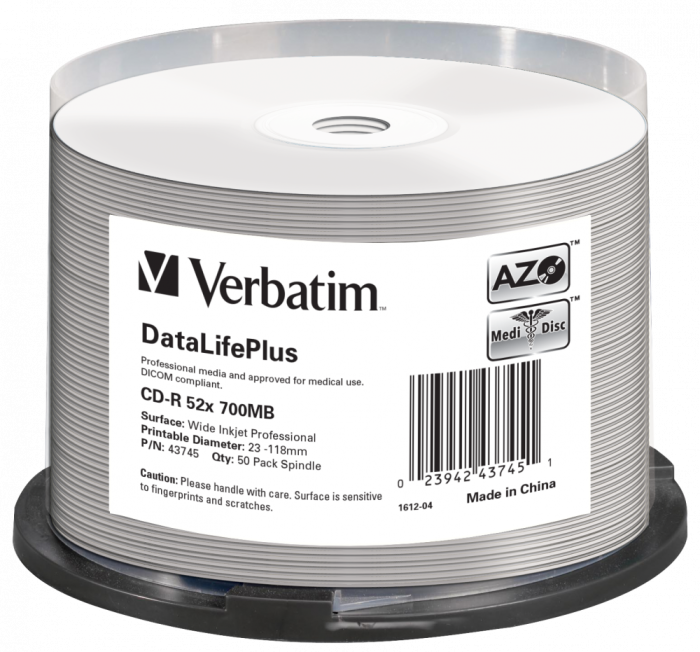 Оптический диск Verbatim CD-R 700MB 52X DataLifePlus MediDisc AZO Inkjet Printable, Spindle, 50 шт