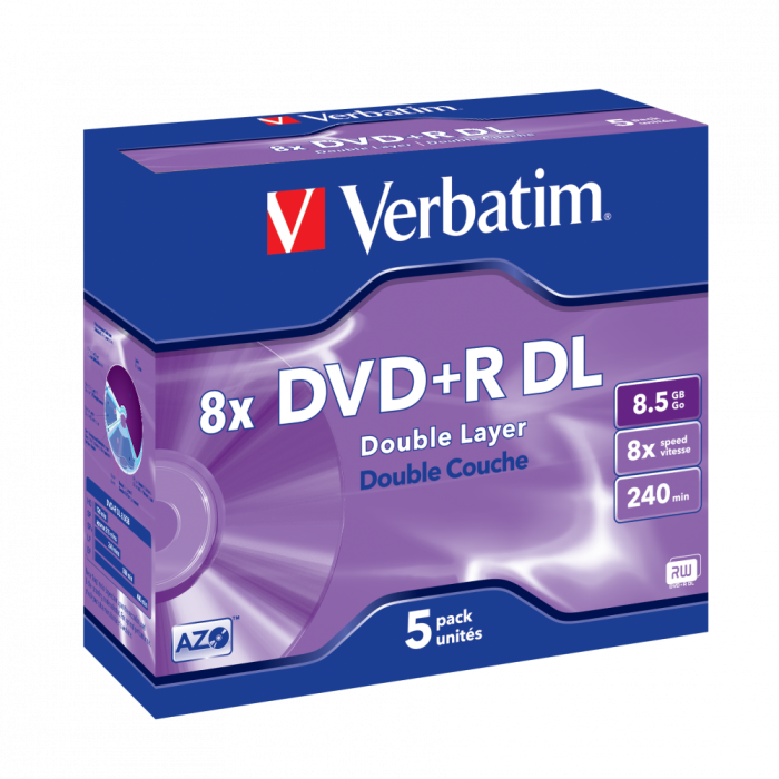 Оптический диск Verbatim DVD+R DL 8.5GB 8X AZO Matt Silver, Slim Case, 5 шт