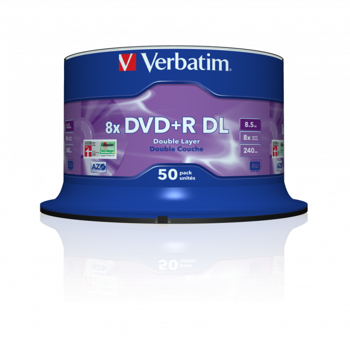 Оптический диск Verbatim DVD+R DL 8.5GB 8X AZO Matt Silver, Spindle, 50 шт