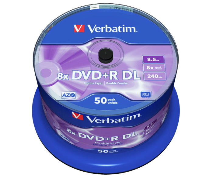 Оптический диск Verbatim DVD+R DL 8.5GB 8X AZO Matt Silver, Spindle, 50 шт