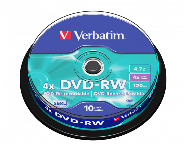 Оптический диск Verbatim DVD-RW 4.7GB 4X SERL Matt Silver, Spindle, 10 шт
