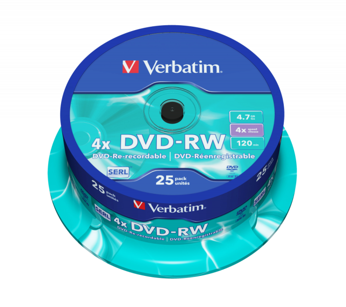Оптический диск Verbatim DVD-RW 4.7GB 4X SERL Matt Silver, Spindle, 25 шт