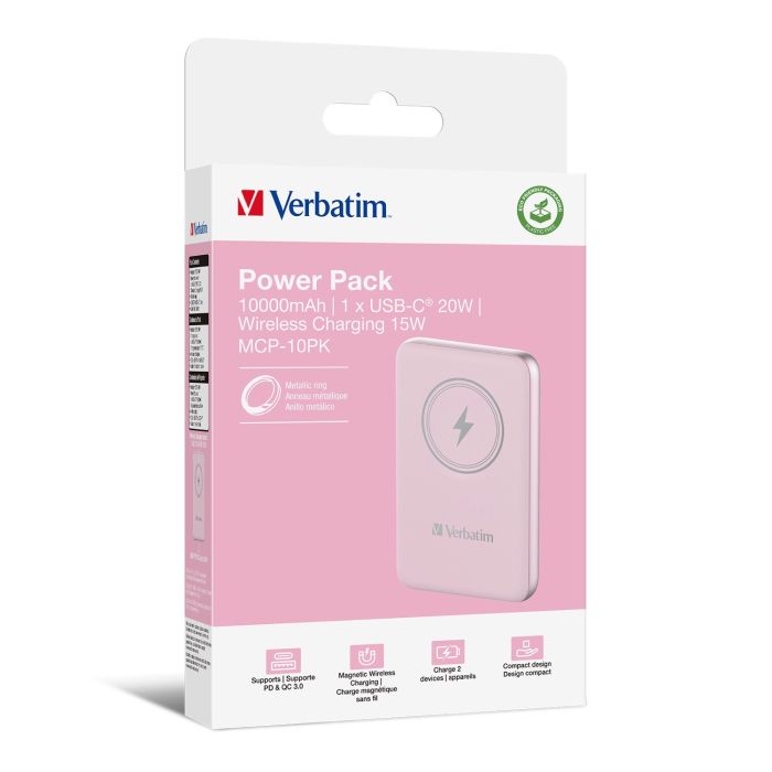 Портативный аккумулятор Verbatim Charge‘n’Go Power Bank 10000 мАч с беспроводной зарядкой, розовый