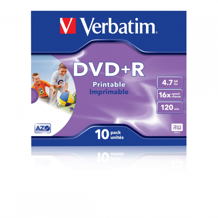 Оптический диск Verbatim DVD+R 4.7GB 16X AZO Wide Inkjet Printable ID Brand, Slim Case, 10 шт