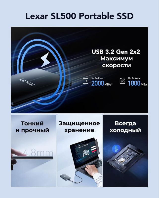 Внешний накопитель Lexar SL500 Portable SSD USB3.2 Gen2x2 512GB, R/W 2000/1800 МБ/с