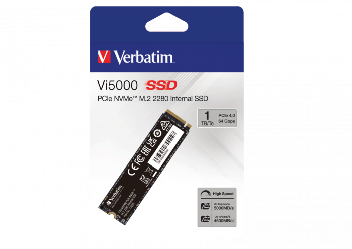 Внутренний накопитель Verbatim VI5000 M.2 SSD PCIe4 NVMe 1TB, R/W 5000/4500 МБ/с