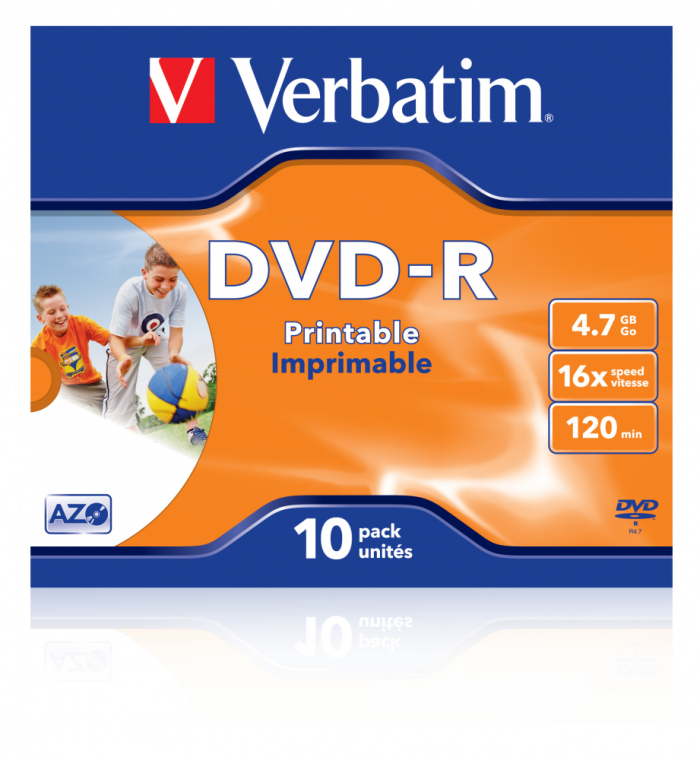 Оптический диск Verbatim DVD-R 4.7GB 16X AZO Wide Inkjet Printable ID Brand, Slim Case, 10 шт