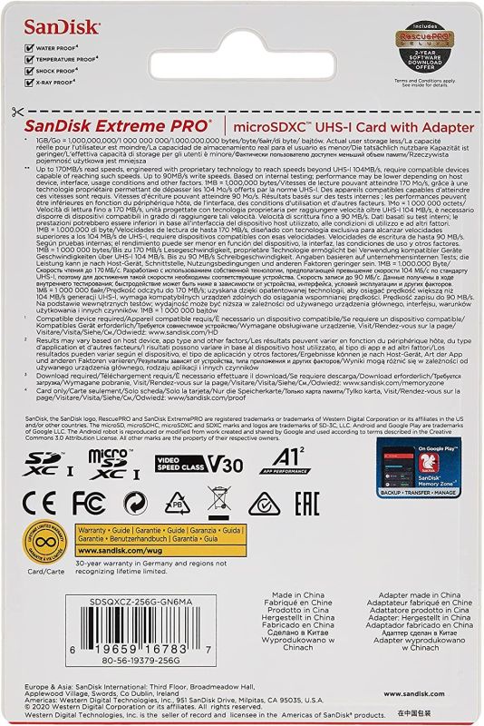 Карта памяти SanDisk Extreme Pro microSDXC 256GB UHS-I U3 V30 A2, R/W 170/90 МБ/с с адаптером