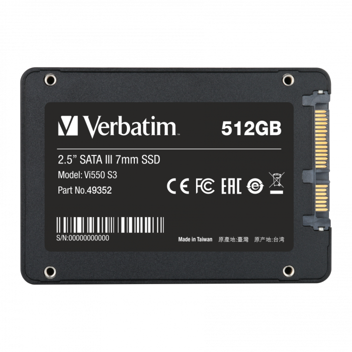 Внутренний накопитель Verbatim Vi550 S3 SSD 2,5'' SATA III 512GB, R/W 560/460 МБ/с