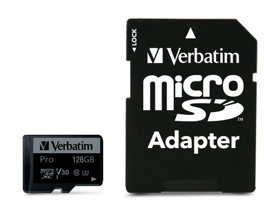 Карта памяти Verbatim Pro microSDXC 128GB UHS-I U3 V30, R/W 90/45 МБ/с с адаптером