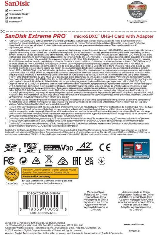 Карта памяти SanDisk Extreme Pro microSDXC 128GB UHS-I U3 V30, A2, R/W 200/90 МБ/с
