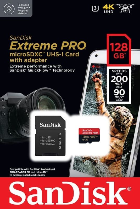 Карта памяти SanDisk Extreme Pro microSDXC 128GB UHS-I U3 V30, A2, R/W 200/90 МБ/с