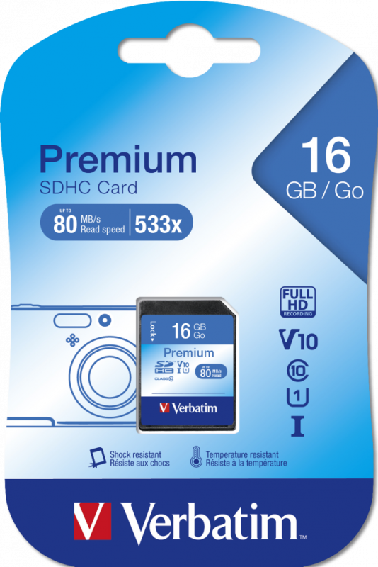 Карта памяти Verbatim Premium SDHC 16GB UHS-I U1 V10, R 80 МБ/с