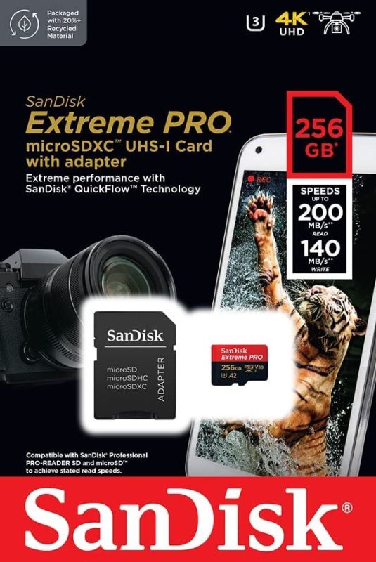 Карта памяти SanDisk Extreme Pro microSDXC 256GB UHS-I U3 V30 A2, R/W 200/140 МБ/с с адаптером