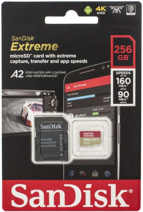 Карта памяти SanDisk Extreme microSDXC 256GB UHS-I U3 V30 A2, R/W 160/90 МБ/с с адаптером